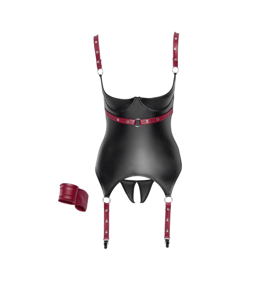 Cottelli Collection Bondage Red/Black – korzet, gaćice, BDSM ovratnik i lisice - Slika 4