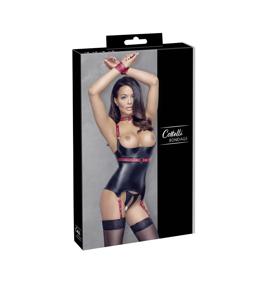 Cottelli Collection Bondage Red/Black – korzet, gaćice, BDSM ovratnik i lisice - Slika 6