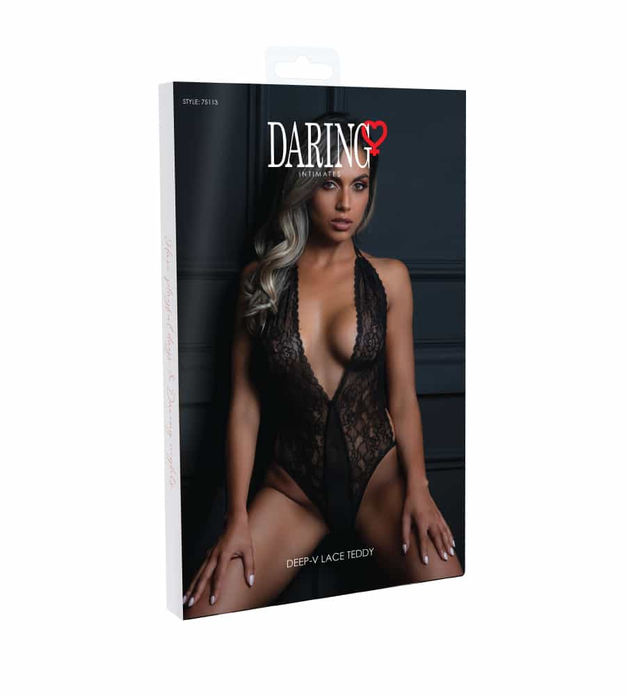 Daring Deep-V Lace Teddy – crni čipkasti body - Slika 5