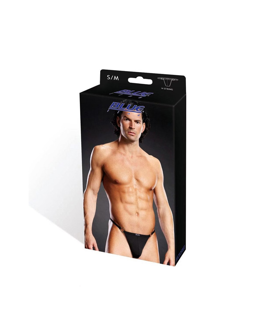 Blue Line V-String + Metal Rings Black – muške tanga gaćice