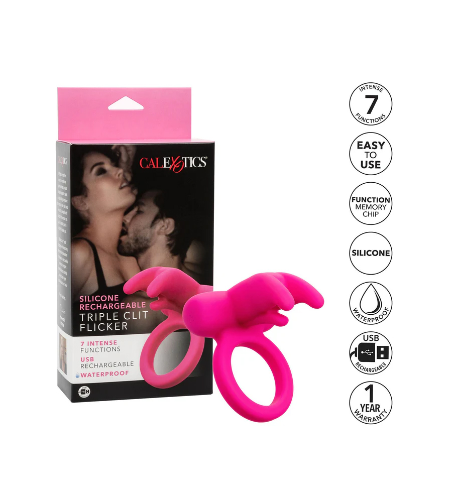 CalExotics Triple Clit Flicker Pink – vibrirajući penis prsten - Slika 4