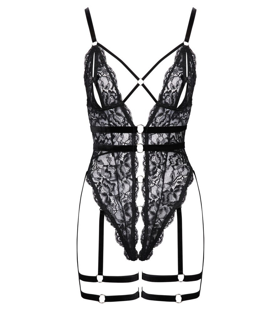 Cottelli Lingerie Lace & Velvet Body – čipkasti body i podvezice