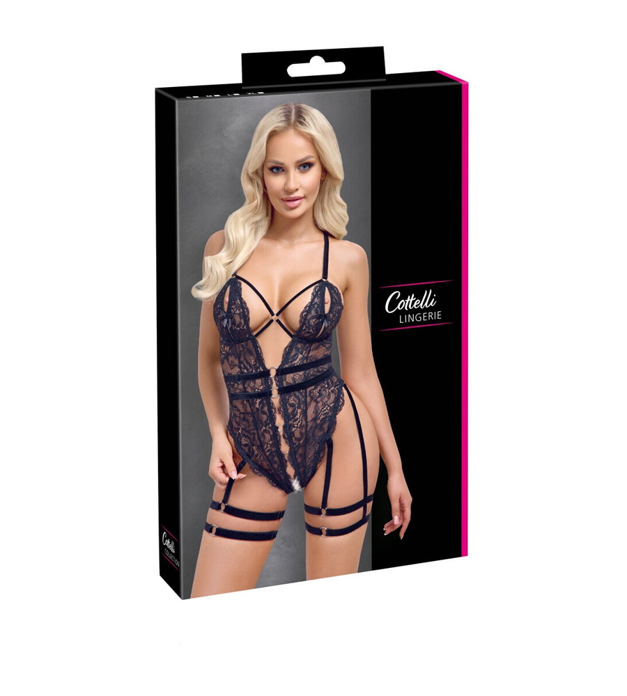 Cottelli Lingerie Lace & Velvet Body – čipkasti body i podvezice