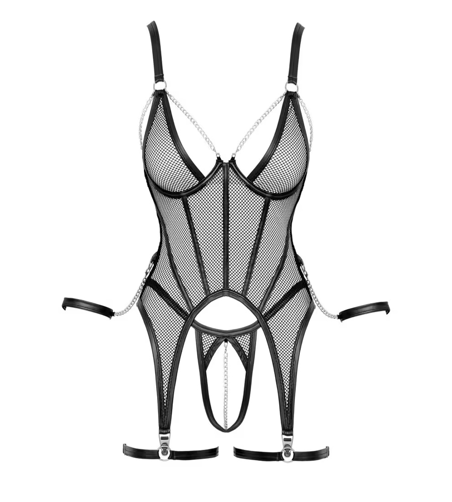 Cottelli Bondage Corset Set – korzet s halterima, ouvert gaćice, podvezice i lisice