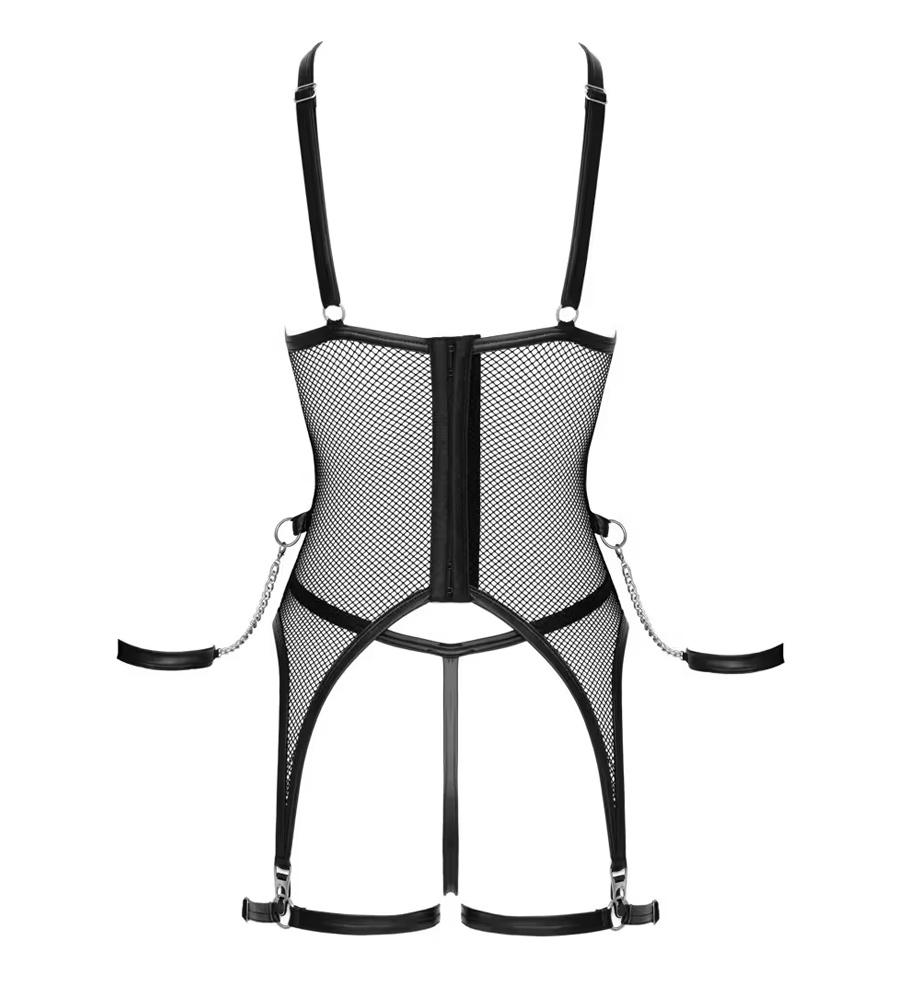 Cottelli Bondage Corset Set – korzet s halterima, ouvert gaćice, podvezice i lisice