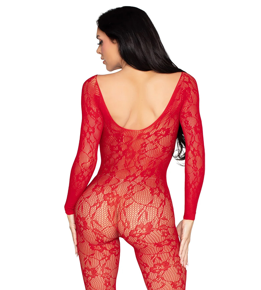 Leg Avenue Floral Lace Bodystocking Red – mrežasti triko dugih rukava