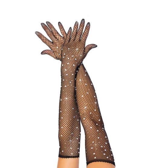 Leg Avenue Rhinestone Opera Length Gloves su duge mrežaste rukavice crne boje, ukrašene cirkonima.