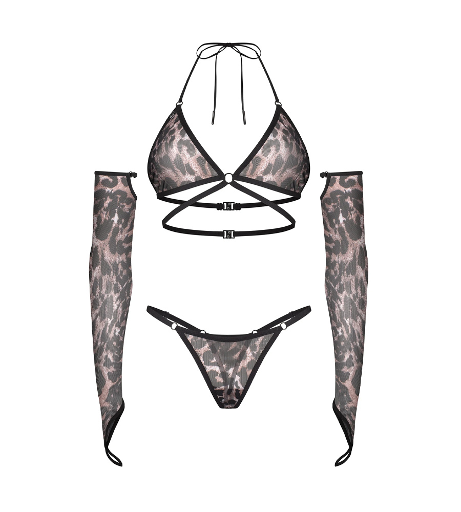 Obsessive Addia 3Pcs Set – grudnjak, gaćice i rukavice leopard uzorka