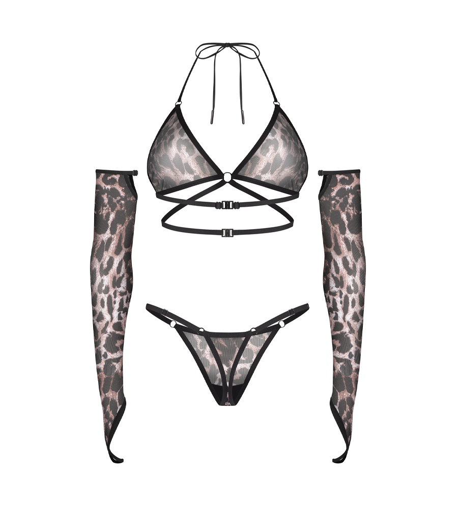 Obsessive Addia 3Pcs Set – grudnjak, gaćice i rukavice leopard uzorka