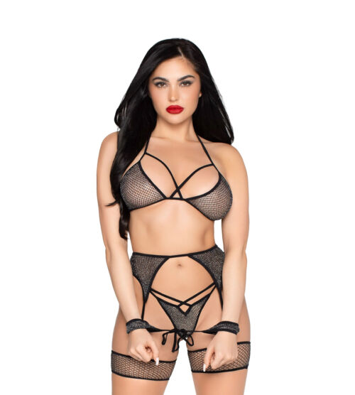 Leg Avenue Net Bra Top, String & Harness Set 4-dijelni komplet spaja prozirnu mrežicu, sjajne detalje i bondage inspirirani dizajn. Mrežasti materijal protkan svjetlucavim Lurex nitima efektno reflektira svjetlost i naglašava liniju tijela.